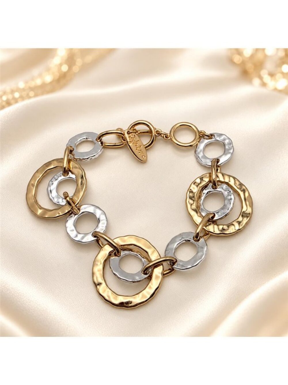 Two Tone Hammered Circle Link Toggle Bracelet Gold Silver Style & Co